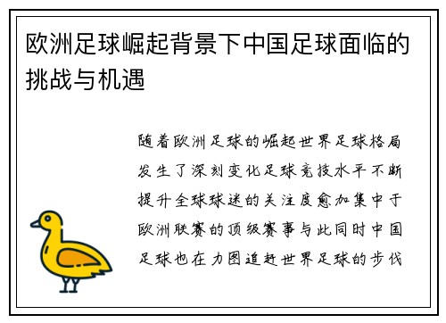 欧洲足球崛起背景下中国足球面临的挑战与机遇