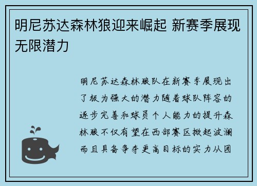 明尼苏达森林狼迎来崛起 新赛季展现无限潜力