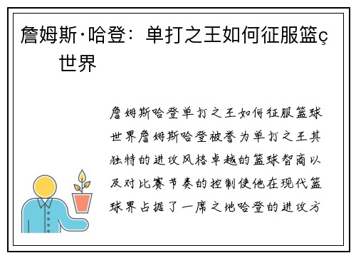 詹姆斯·哈登：单打之王如何征服篮球世界
